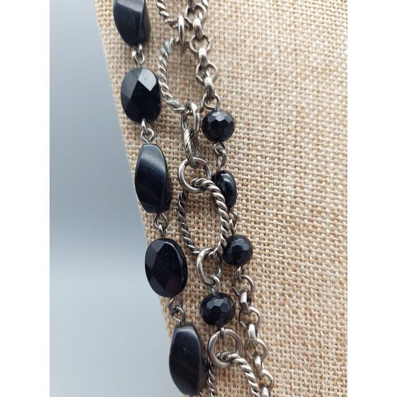 Silver Tone & Black Bead Twisted Multi Chain Statement Necklace Layer Adjustable - Picture 7 of 10